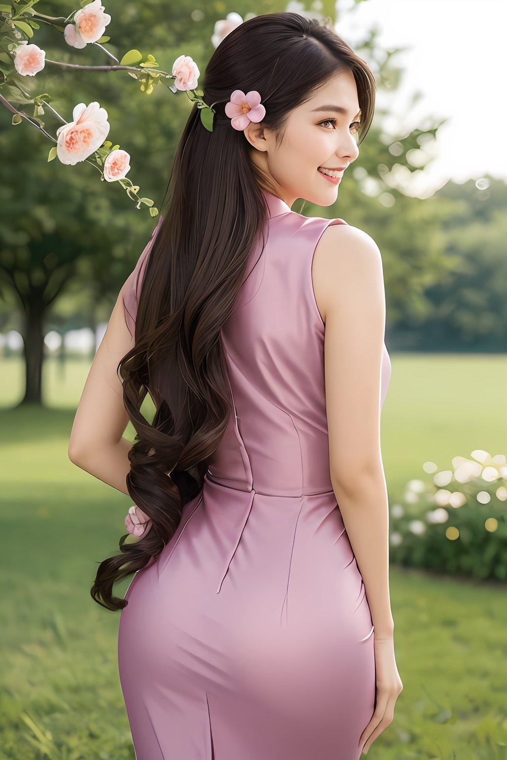 1girl, solo, long hair, looking at viewer, smile, brown hair, black hair, hair ornament, dress, brown eyes, ass, flower, outdoors, looking back, hair flower, from behind, tree, lips, grass, pink dress, bouquet, realistic