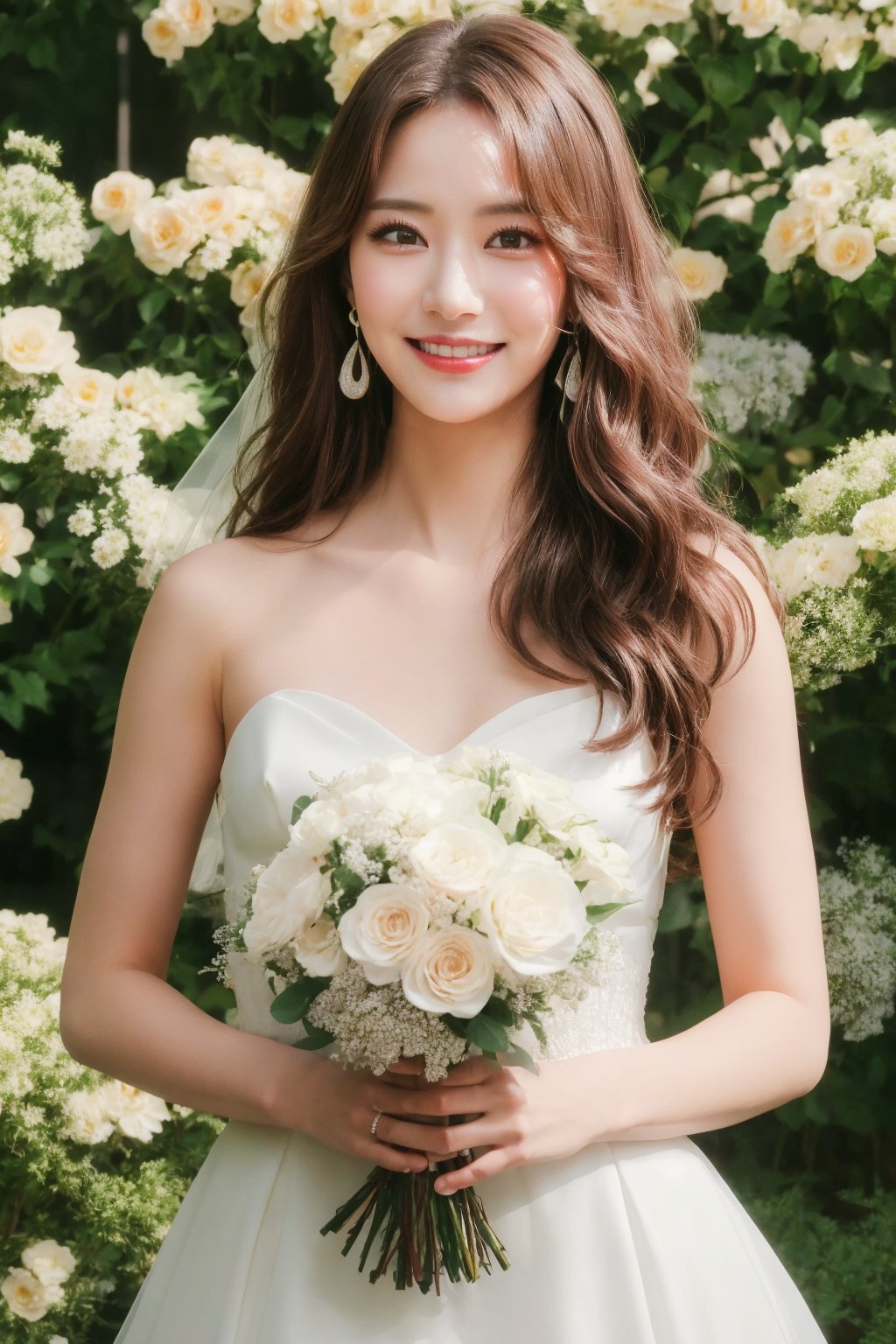 masterpiece, best quality, highres, aamiyako, long hair, jewelry, earrings,  wedding dress, holding bouquet, garden, smile