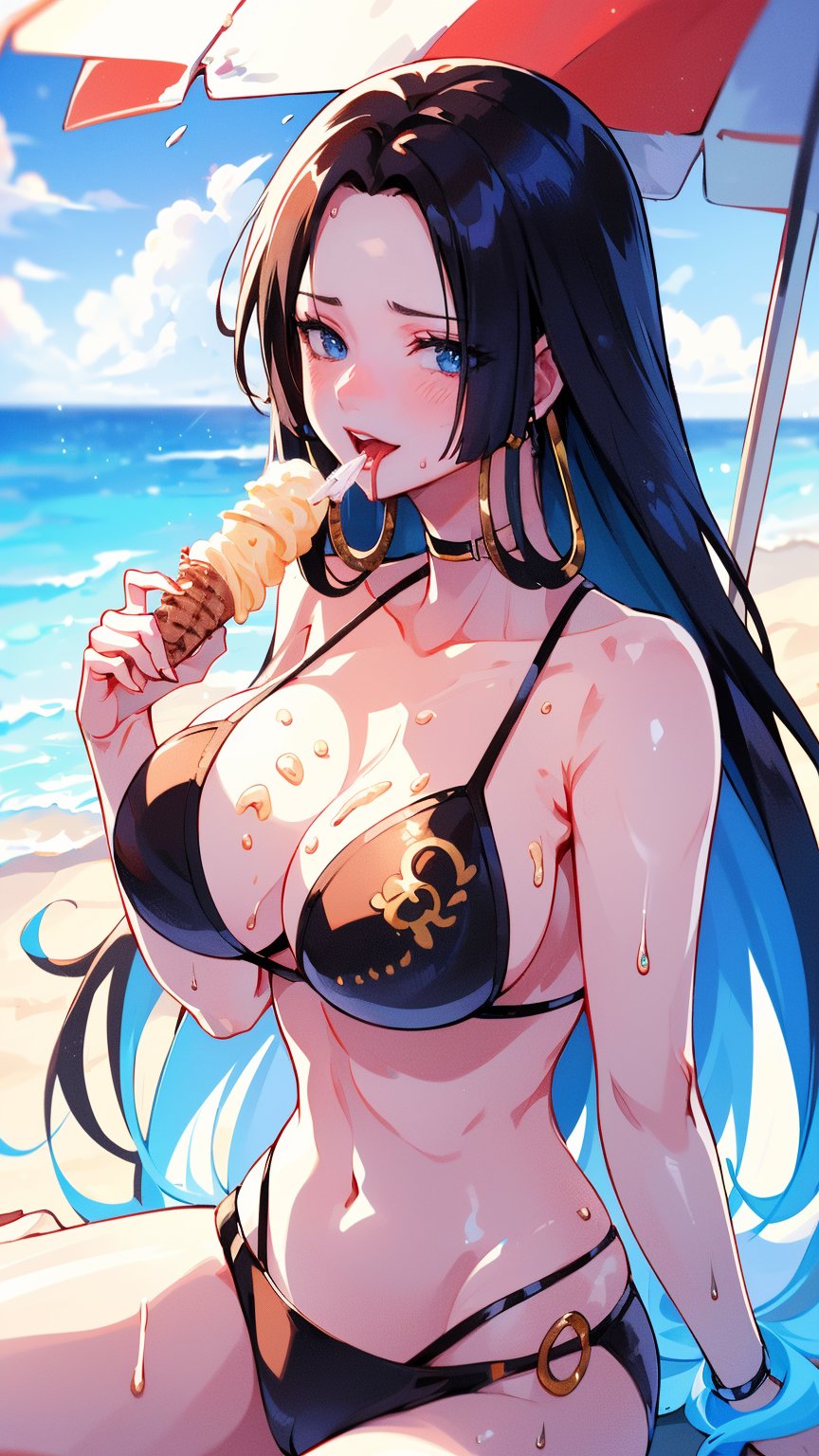 (1 girl), blue eyes, black hair, Snake-shaped earrings, (smile), ((eating soft serve ice cream with tongue)), ((sexy design bikini)), ultra high resolution, 8k, Hdr, daytime, in the beach, (sweat all over the face)