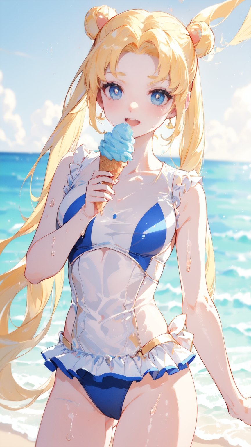((1 girl)), ((blue eyes)), (golden hair), (pigtails hairstyle),  (Charming smile), ((eating soft serve ice cream with tongue)), ((sexy design swimsuits)), ultra high resolution, 8k, Hdr, daytime, in the beach, (sweat all over the face)