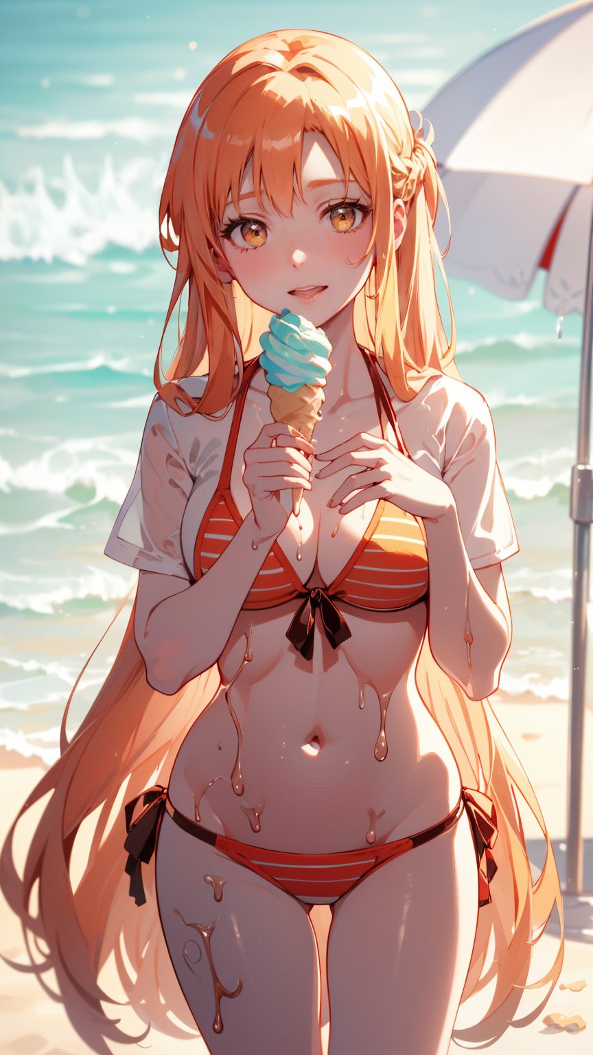 (1 girl), orange eyes, orange long hair, (happy smile), ((eating soft serve ice cream with tongue)), ((sexy design bikini)), ultra high resolution, 8k, Hdr, daytime, in the beach, (sweat all over the face)