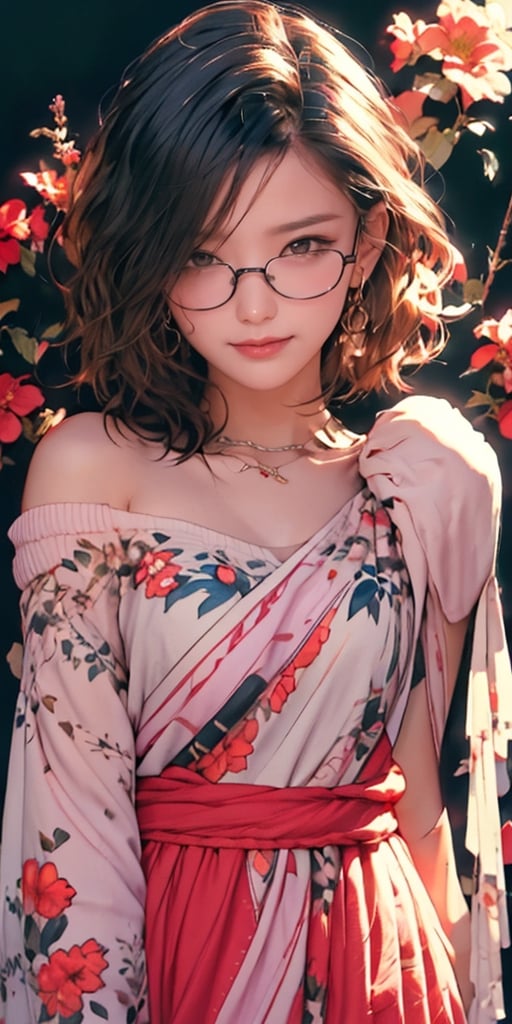 4k,best quality,masterpiece,20yo 1girl,(pink girly dress with floral illustrations, off shoulders with frills, bored face, lazy smile, thin rimmed eyeglasses 

(Beautiful and detailed eyes),
Detailed face, detailed eyes, double eyelids ,thin face, real hands, muscular fit body, semi visible abs, ((short hair with long locks:1.2)), black hair, black background, sunlit front 


real person, color splash style photo,
