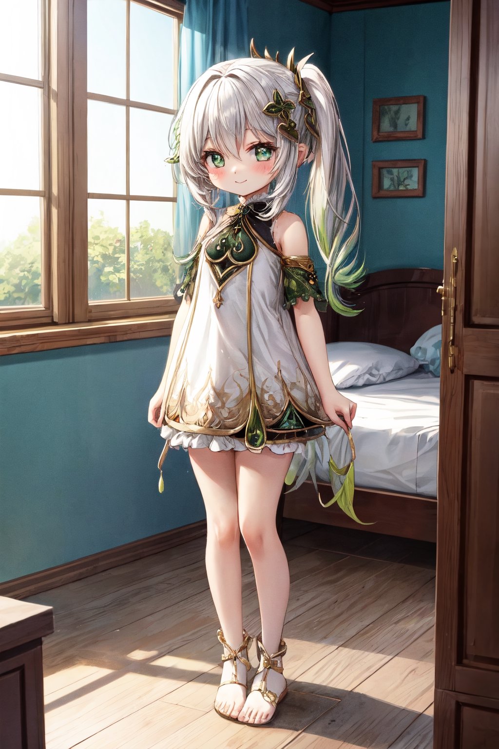 nahida, loli, high_resolution, :), masterpiece, full_body, standing, room, bed