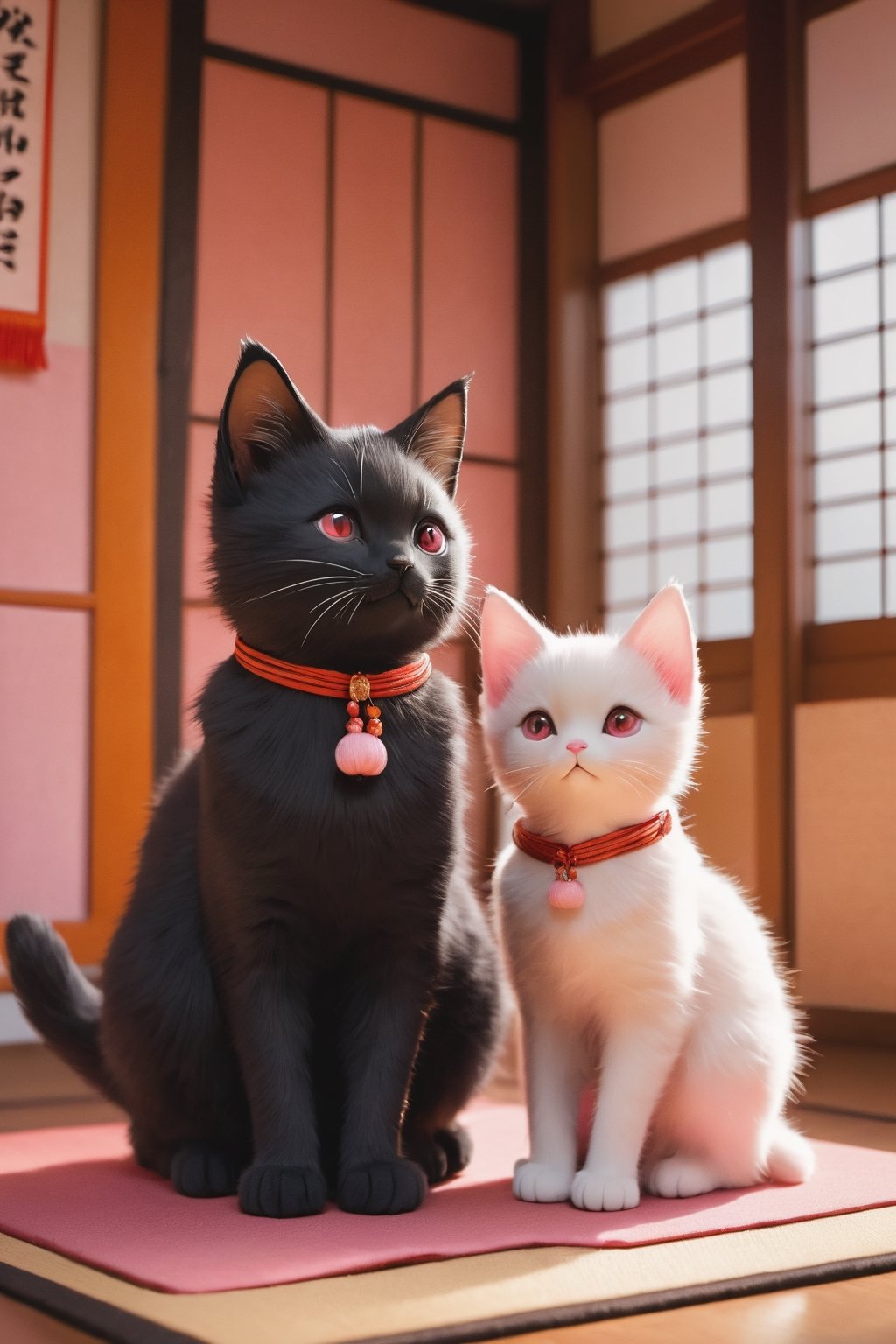 Cat couple sitting on japanese room, one pink with scarlet_eyes, one black with orange_eyes, wear couple clothes, full body, small kitten, sharp focus, cinematic, Xxmix_Catecat, cutie