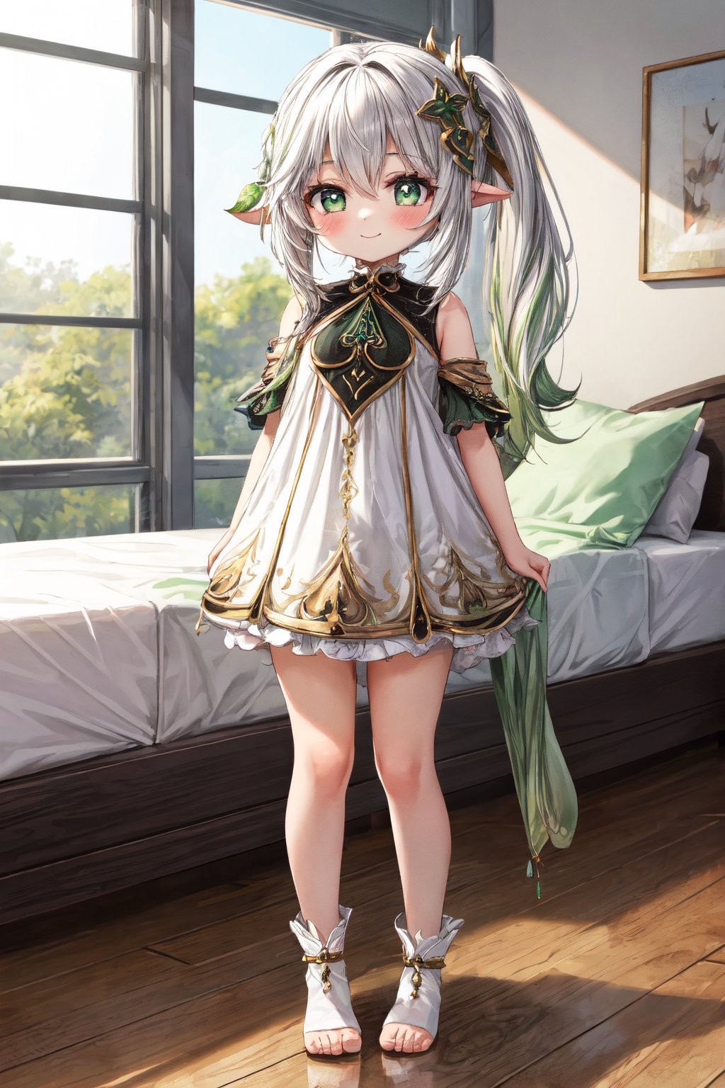 nahida, loli, high_resolution, :), masterpiece, full_body, standing, room, bed