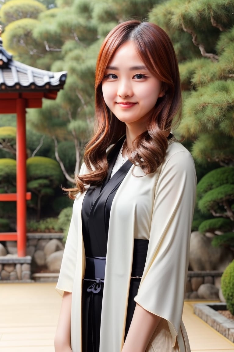 The background is winter, snowy garden(traditional japanese garden),22 yo, beautiful korean girl, ((beautiful kimono)), looking at viewer, bangs,  {beautiful and detailed eyes}, calm expression, natural and soft light, delicate facial features, ((model pose)), Glamor body type, realhands, masterpiece, Best Quality, photorealistic, ultra-detailed, high resolution, perfect dynamic composition, eye smile, ((blush)), ((wide shot, cowboy_shot)), 1 girl, 1girl, solo,  smile, cc