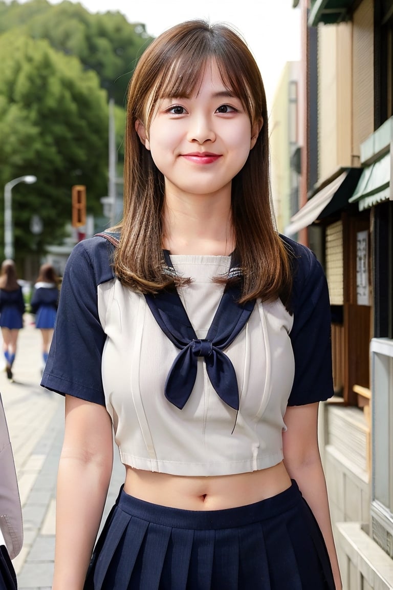 1girl, looking at viewer, ((blurry background)), school_uniform, high school, jk, summer,short top, serafuku, big breast, smile, no makeup

shot in japan main street,

masterpiece, ((wide shot)),mmmccc ,solo,school uniform,serafuku