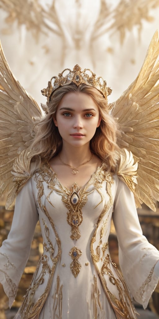8k, fluffy white angel girl (looks 17 years old) on a golden jeweled tower in a heavenly utopian city, huge feathered angel wings, glowing nebula eyes, white flowing clouds, ivory armor inlaid with diamond gems, Trends in art stations, sharp focus, studio photos, intricate details, very detailed,