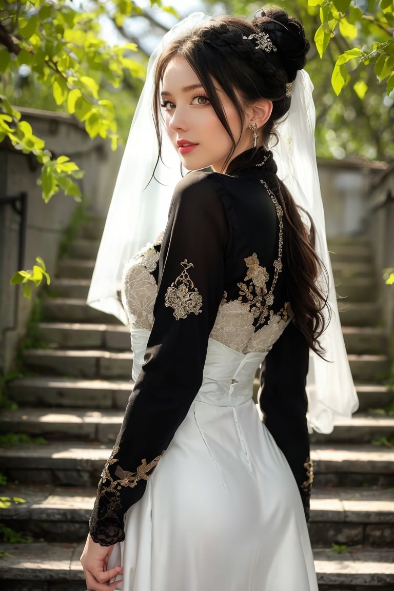 1girl, solo, beautiful asian looking girl, looking at viewer, smile, long black hair, ((white long sleeves)), ((white dress)), jewelry, ((hair bun)), flowing long hair, wedding veil, beautiful chinese ornament hairpin, standing, torso shot, earrings, outdoors, wide sleeves, chinese clothes, veil, stairs, hanfu, intricate details, highly detailed, expressiveh, emotionless, realistic, ,Illustration,angelawhite,viking,leonardo,round ass