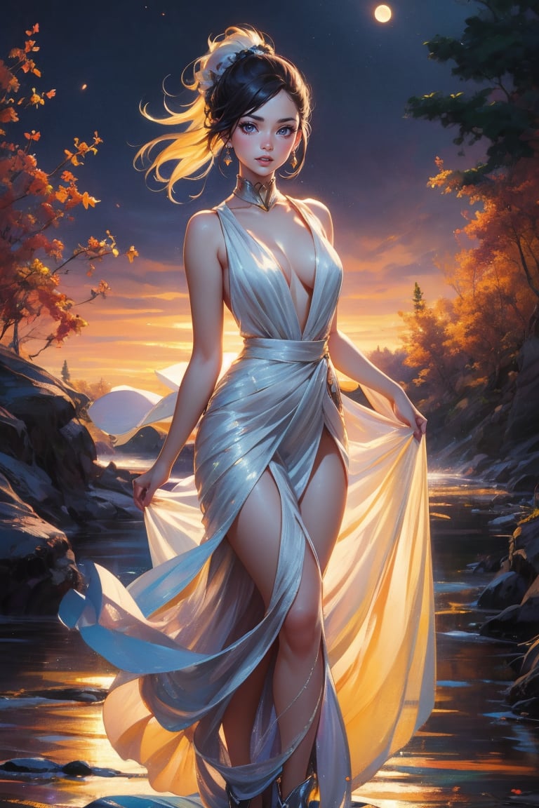 A teenage girl stands serene against a velvety black night sky, her porcelain-pale skin glowing softly in the moonlight. She wears a flowing white dress that rustles gently as she poses, paired with gleaming white boots that seem to shimmer in harmony. Her lovely face is bathed in an ethereal light, highlighting her luscious locks and juicy lips that curve into a subtle smile. The moon's gentle rays dance across her hair, imbuing the scene with an air of mystique.