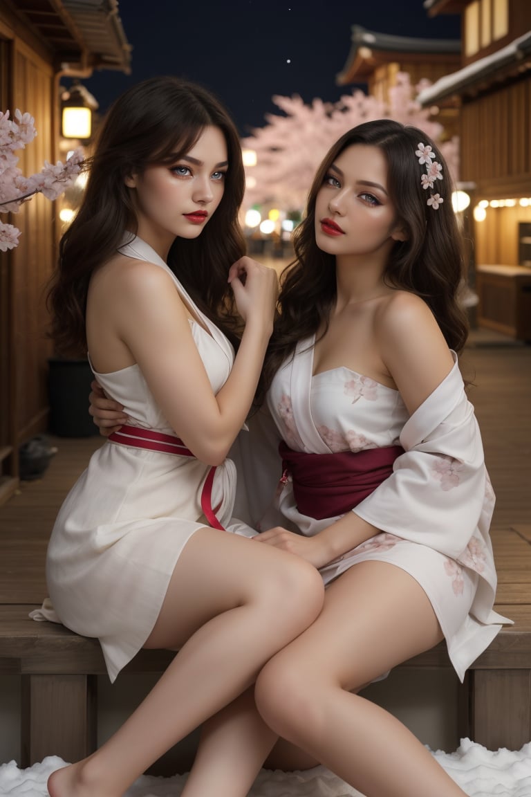 Two beautiful girls in vibrant yukata stand together under the soft glow of the night's twinkling lights. One is an Eastern European girl with long blond hair falling on her sexy bare shoulders, and the other is a black-haired Japanese girl showing off her long snow-white legs. There is a subtle smile on their faces. They look up and gaze at the majestic cherry blossom tree. , the delicate petals rustled gently in the evening breeze. The camera captures their naughty poses, emphasizing their voluptuous figures and the secret seduction of the night.,masterpiece, ,more detail 