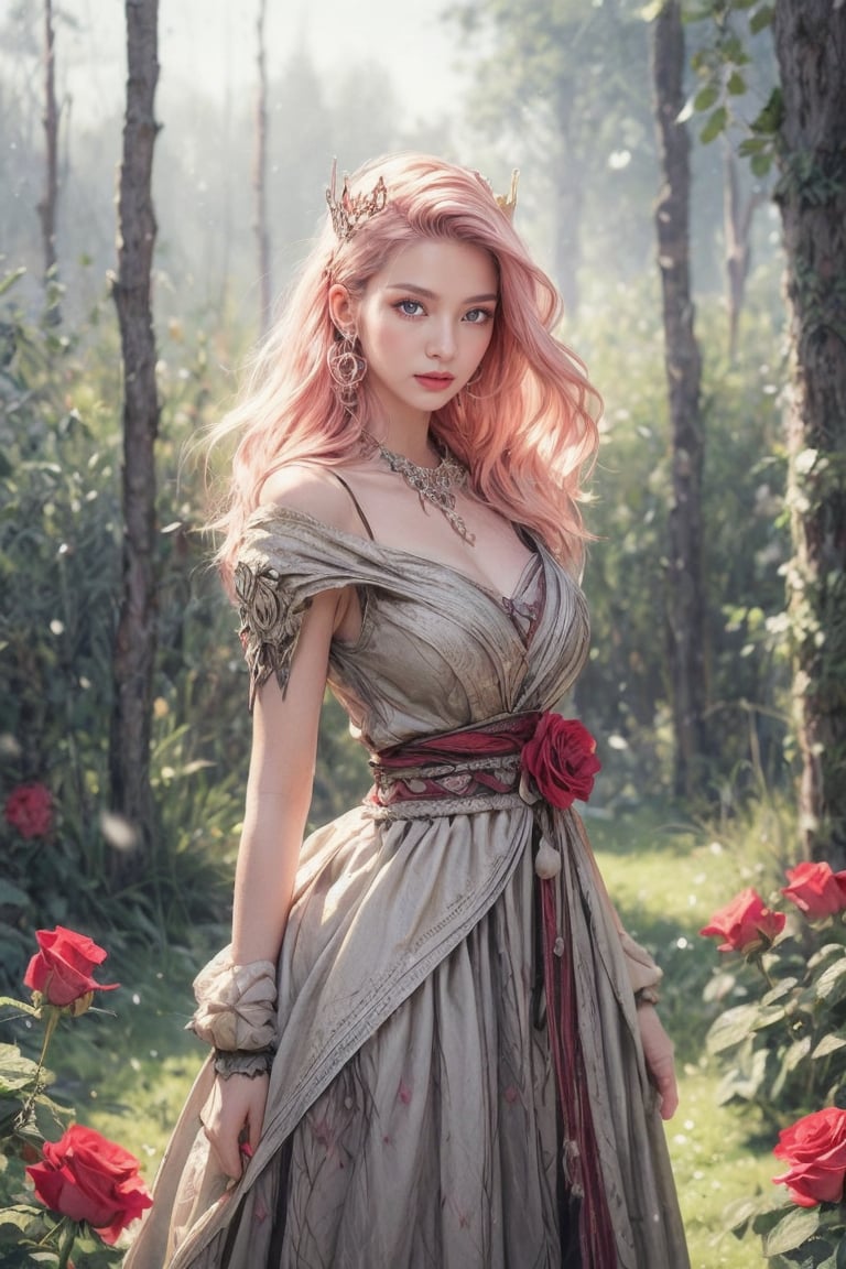 In a whimsical, dreamlike setting, a princess with pink hair and eyes adorns a rose- themed gown, her long hair flowing gently behind her. A soft, magical glow illuminates her delicate features, as she stands amidst an enchanted forest, surrounded by glowing flowers and fluttering butterfly accessories. Delicate butterfly wings sprout from her crown, while a gentle breeze rustles the petals of the enchanted rose at her feet. The fairy tale castle in the distance casts a majestic shadow, as magical creatures frolic playfully within the whimsical landscape. Ethereal beauty emanates from this masterwork of fantasy art, crafted with ultra-detailed precision by Angela White.,Sugar babe ,leonardo,viking,perfect light