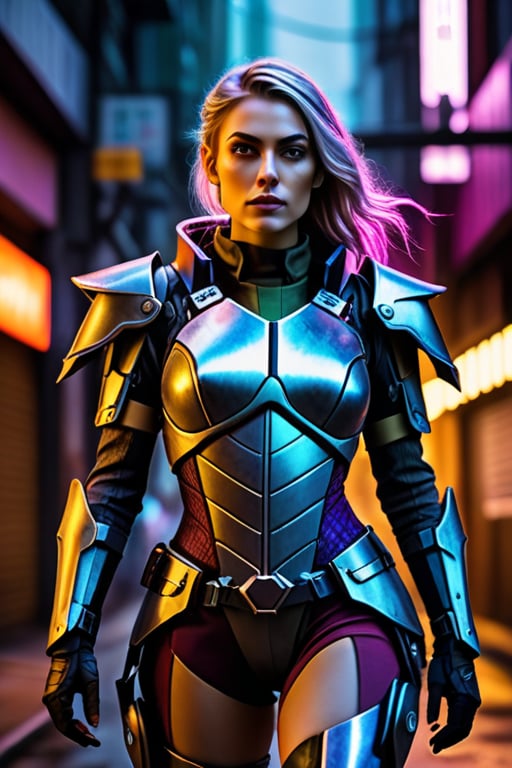 In a dimly lit, neon-lit alleyway, a stunning high elf mercenary stands out against the dark backdrop. Her heavily armored suit glistens with intricate details, as if crafted from watercolor hues. Sharp focus on her face accentuates her determined expression, while the surrounding environment is blurred, emphasizing her importance. The cyberpunk atmosphere is amplified by the faint glow of holographic advertisements and distant hum of machinery.