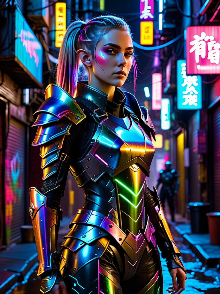 In a dimly lit, neon-lit alleyway, a stunning high elf mercenary stands out against the dark backdrop. Her heavily armored suit glistens with intricate details, as if crafted from watercolor hues. Sharp focus on her face accentuates her determined expression, while the surrounding environment is blurred, emphasizing her importance. The cyberpunk atmosphere is amplified by the faint glow of holographic advertisements and distant hum of machinery.