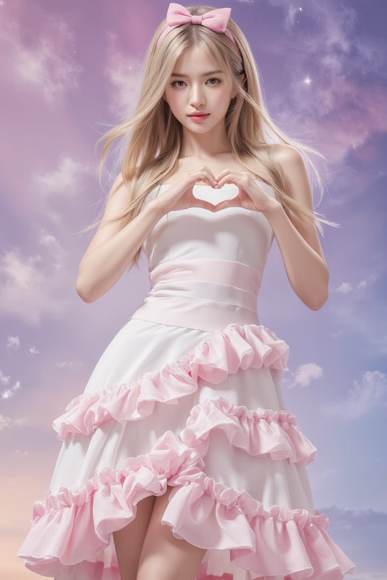 Movie poster, a girl with long blond hair and a pink ribbon on her head. She wore a white dress with a pink ruffle skirt. Heart gesture on a background of mixed colors of purple, pink and blue. There are stars in the sky behind the girl. She is very detailed and has an hourglass figure.