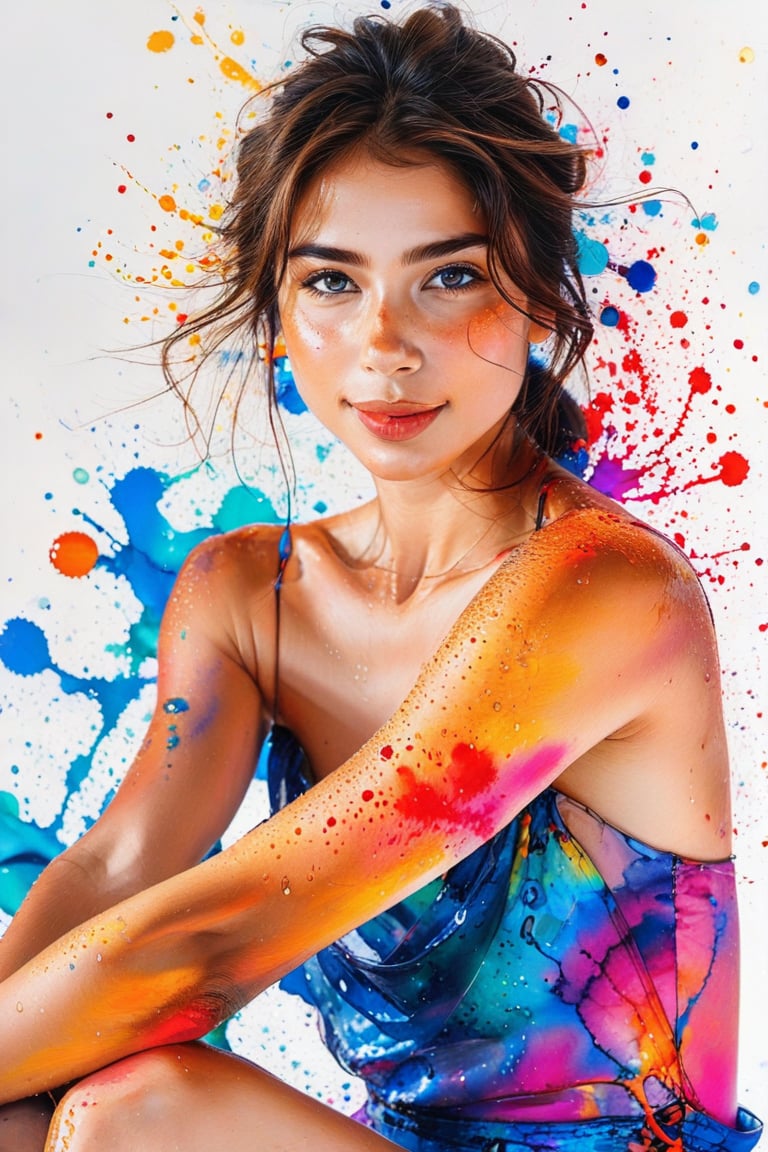 A stunning image of a very beautiful girl with elegant features posing confidently on a white background, her bare shoulders and striking gaze drawing the viewer in. Delicate ink droplets adorn her skin, reminiscent of a masterpiece. The colorful ink art style brings vibrancy to her striking facial expression, captured in a medium shot that showcases her beauty from head to toe. (sitting, spread legs:1.3)