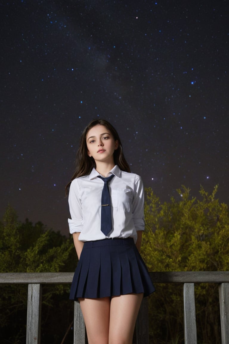A serene masterpiece: an 18-year-old Italian girl, radiant in her school uniform, stands alone beneath a breathtakingly starry night sky. Her milky white skin glows softly, accentuating the beauty of her delicate features and striking eyes that shimmer like celestial bodies. The framing captures her gentle elegance, with the dark silhouette of buildings or trees subtly hinting at the urban backdrop.,round ass