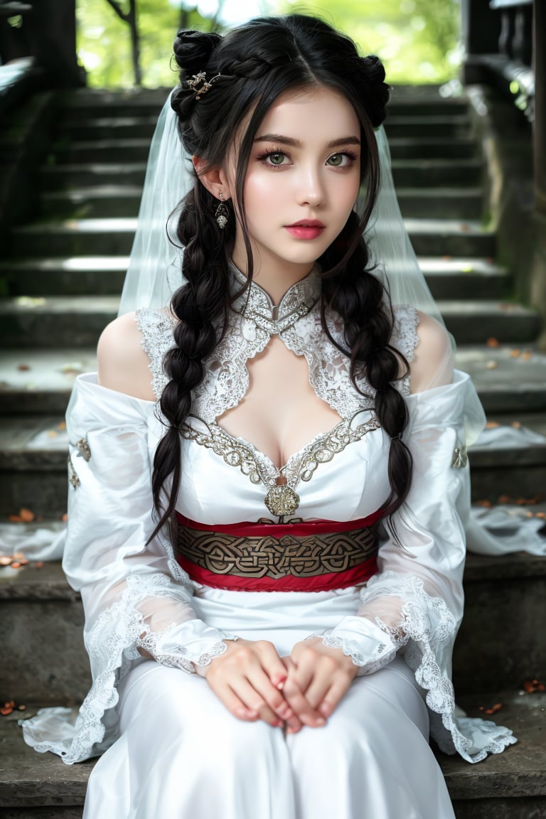 1girl, solo, beautiful asian looking girl, looking at viewer, smile, long black hair, ((white long sleeves)), ((white dress)), jewelry, ((hair bun)), flowing long hair, wedding veil, beautiful chinese ornament hairpin, standing, torso shot, earrings, outdoors, wide sleeves, chinese clothes, veil, stairs, hanfu, intricate details, highly detailed, expressiveh, emotionless, realistic, ,Illustration,angelawhite,viking