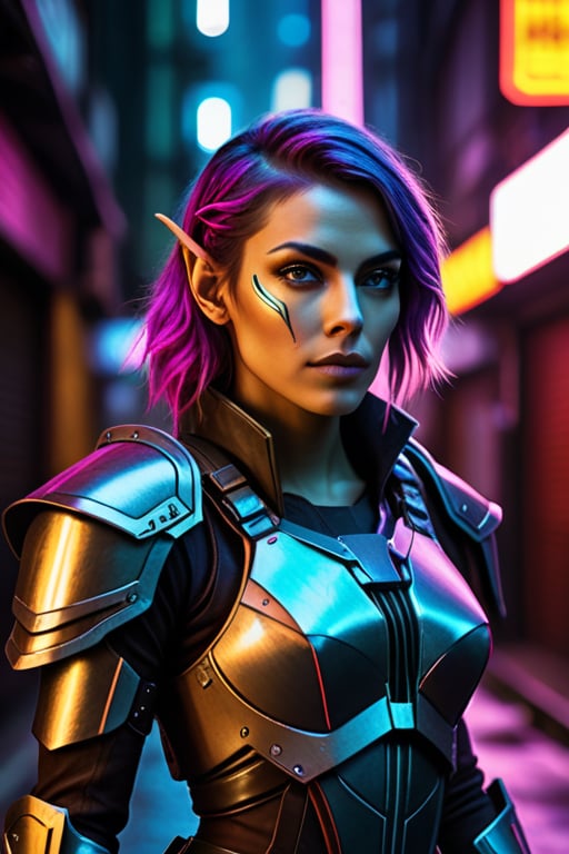 In a dimly lit, neon-lit alleyway, a stunning high elf mercenary stands out against the dark backdrop. Her heavily armored suit glistens with intricate details, as if crafted from watercolor hues. Sharp focus on her face accentuates her determined expression, while the surrounding environment is blurred, emphasizing her importance. The cyberpunk atmosphere is amplified by the faint glow of holographic advertisements and distant hum of machinery.