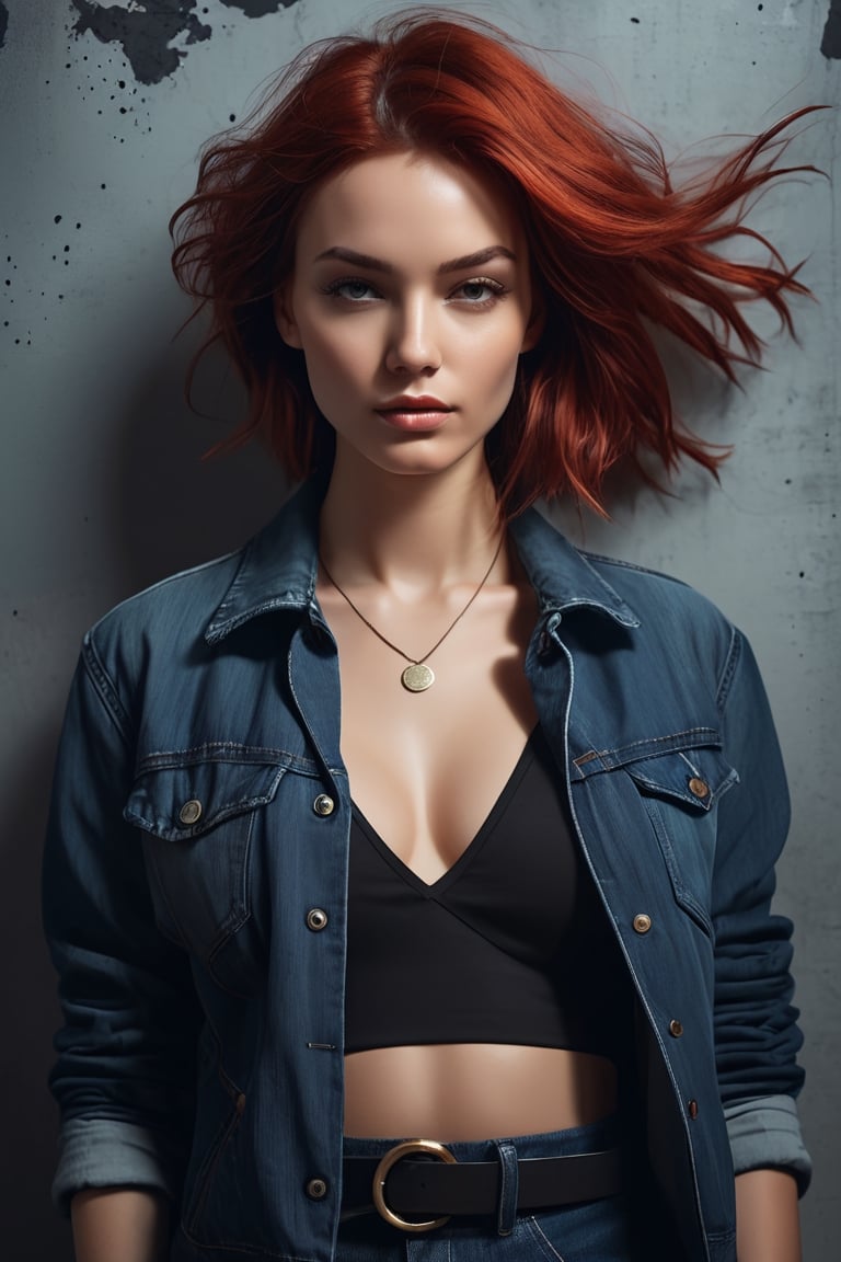 create a picture of woman in grunge style, cinemtic lighting, contrast color palette, by Aldridge	Miles, trending on Artstation, artgerm, fashion photoshot, view_from_above