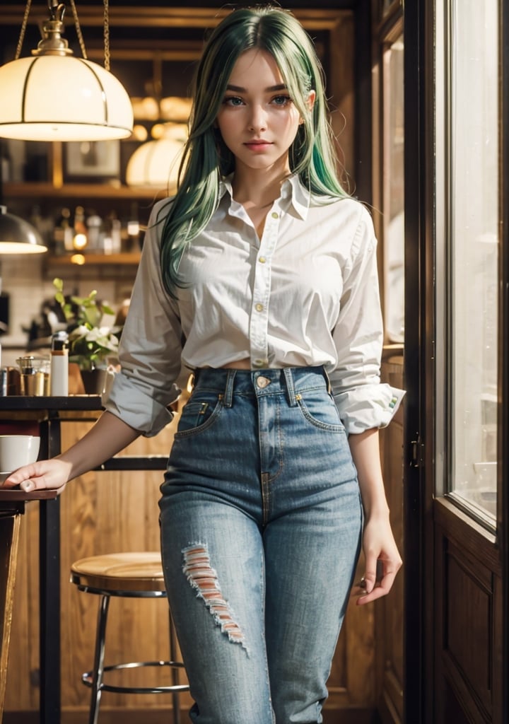 (extremely detailed,  realistic,  perfect lighting,  vibrant colors, intricate details, absurdres), (masterpiece,  high detailed skin:1.3), 1girl, light (green hair), layered hair,  full body view,  
{slender legs, tall body, soft curves, short jeans and white shirt, farmer jacket, hamburger bar, New York city, fashion model, unforgettable beauty, looking in love, lifelike rendering, }
{ seducing, }, the chair is stroking her hair