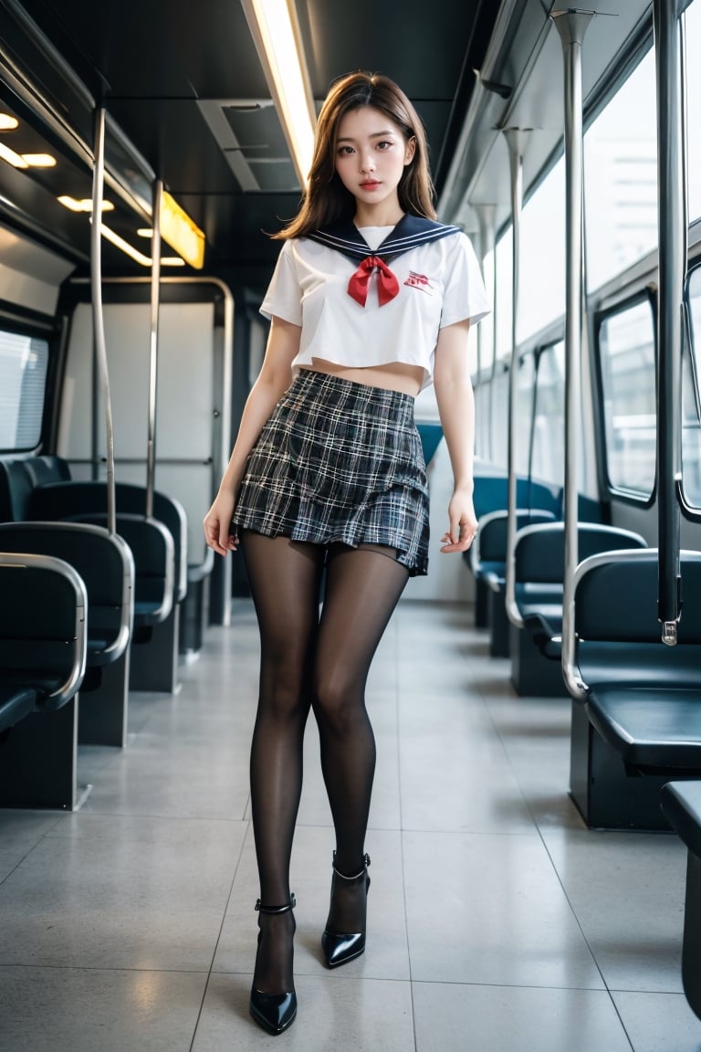 (full body:1.5),((girl):1.4),(view the viewer:1.4),(anatomy correct:1.3),(dancing on a bus:1.2),(A Brown and tan Sailor suit and checkered high waisted pleated skirt :1.2),((white Pantyhose):1.32),( girl pointed thick heels :1.1),((Metal shackles and handcuffs):1.3),(Accurate and perfect face:1.3),hyper HD, Ray traching, reflective light, structurally correct, Award-Awarded, high detail, lighten shade contrast, Face lighting ,cinematic lighting, masterpiece, super detailing, high quality, high detail, best quality, 16k,High contrast,