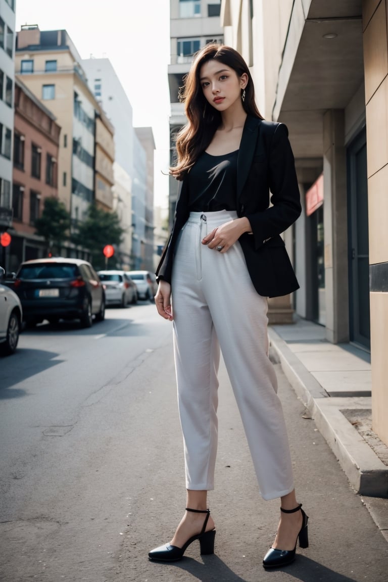 An adult woman with a sophisticated and confident appearance, vestindo roupas casuais elegantes. Ela tem cabelos castanhos escuros, olhos verdes e pele clara. O look inclui um blazer impecavelmente cortado, uma blusa de seda de cor neutra, high-waisted pants and low-heeled shoes. A cena se passa em um ambiente urbano iluminado pelo sol da tarde, With the woman standing, com uma postura elegante e autoconfiante. The camera captures the scene from a slightly angled angle, Aprimorando o estilo sofisticado, com um suave desfoque no fundo para destacar a modelo