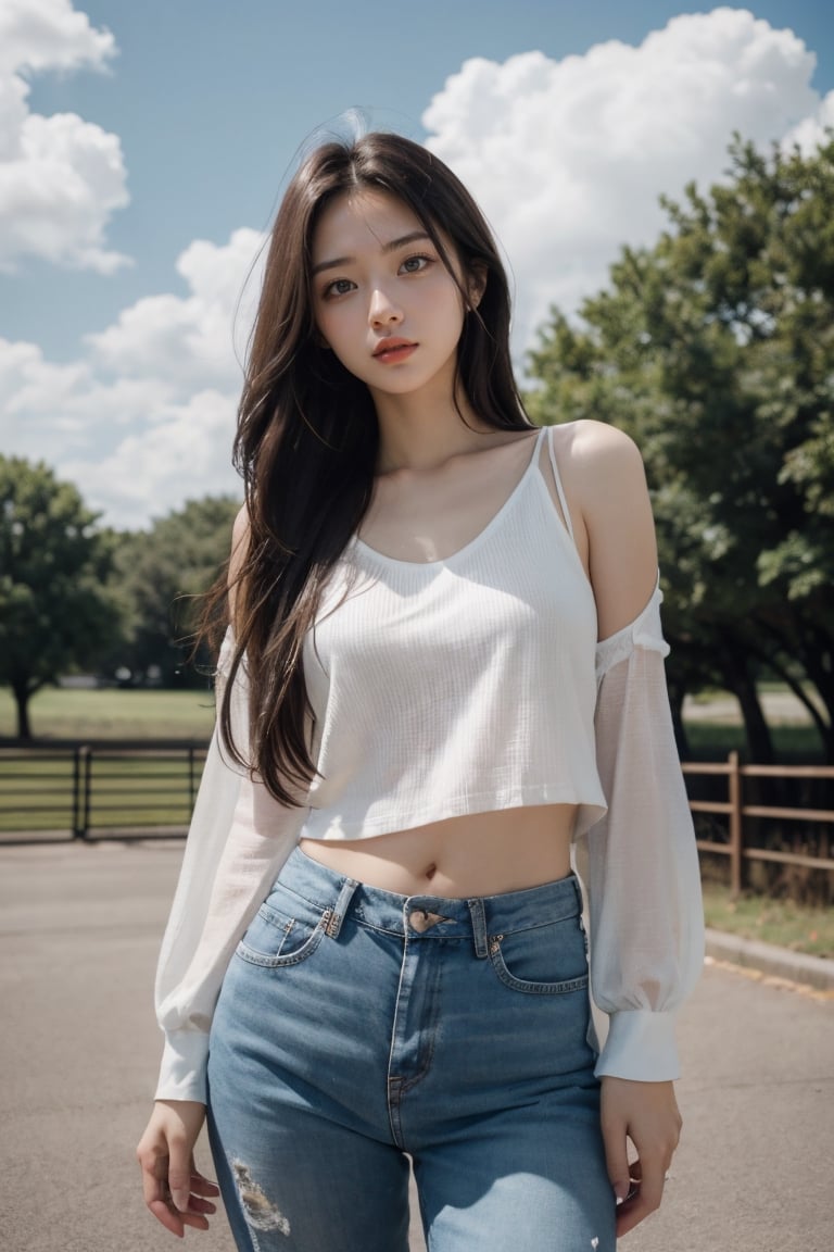  best quality,[masterpiece],((beautiful:0.75) cute girl:0.75),Professional,photo_(medium),ultra-fine painting,1girl,(long hair:1.4),outdoors,(front:1.3),(standing:1.3),cloudy sky,(cowboy_shot:1.2),