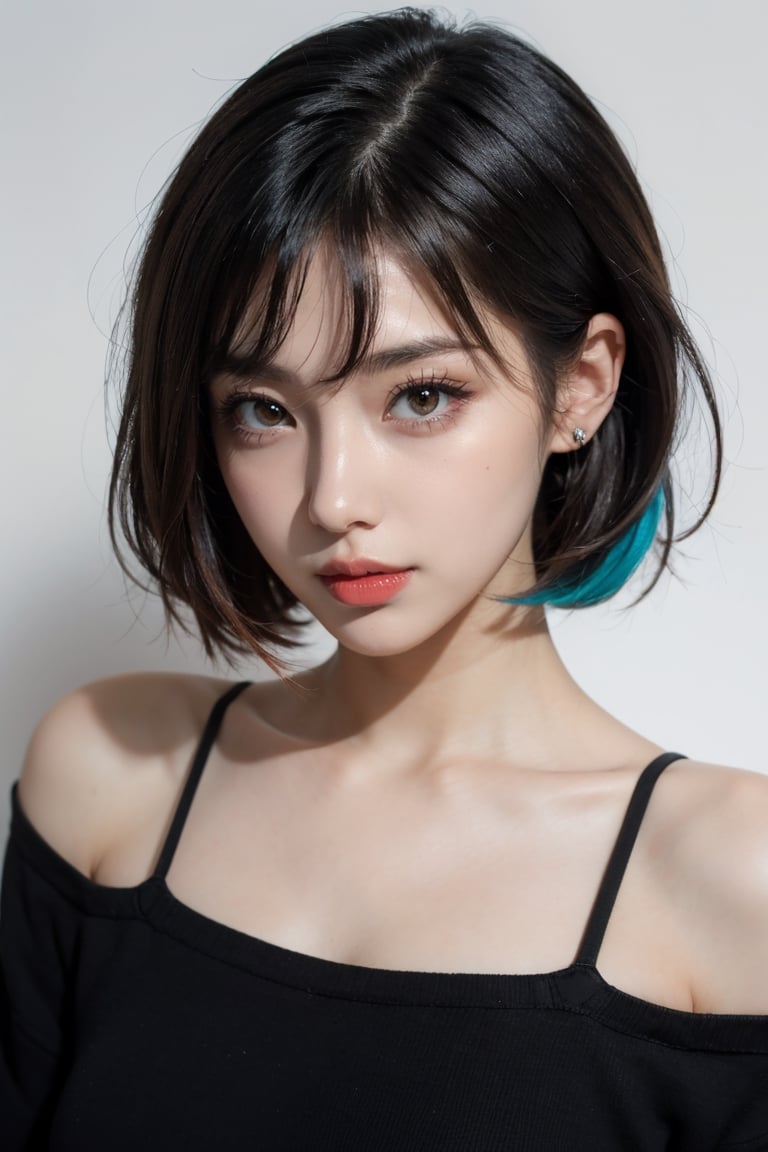 1girl, solo, upper body, looking at viewer, white background, bob cut, short hair, multicolored hair, makeup, parted lips, red lips, eyeliner,