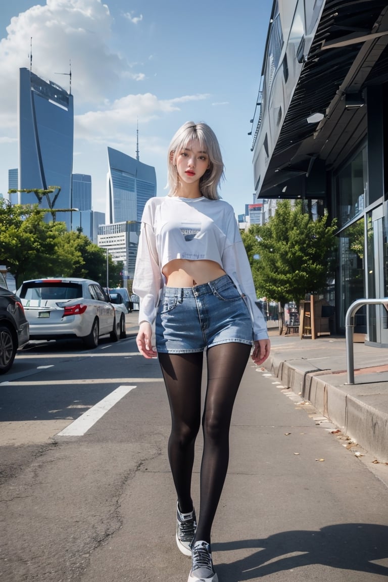 (full body:1.2),masterpiece,best quality,(cityscape:1.4),(street:1.4),(outdoors:1.3),(photorealistic:1.4),unity 8k wallpaper,(ultra detailed:1.3),standing,1girl,solo,pantyhose,midriff,shirt,pantyhose,((silver hair)),vonnyfelicia