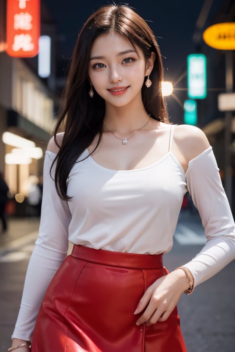 8k, masterpiece, RAW photo, best quality, photorealistic, extremely detailed CG unity 8k wallpaper, Depth of field, Cinematic Light, Lens Flare, Ray tracing, (extremely beautiful face, beautiful lips, beautiful eyes), intricate detail face, ((ultra detailed skin)) 1girl, in the dark, deep shadow, pretty korean girl, kpop idol,(very slim slender fit-muscled body:1.3), ((looking at viewer)),(big smile:1.3), (night, (neon sign), (blurry background), midnight, (without people in the background:1.3), pretty korean girl, white diamond earrings, bracelets, necklace, pantyhose, clear eyes, walking , front shot, (pale skin), face forward, (big eyes), full body shot, (see through blouse), (pink color blouse), ((red color skirt :1.3)), (looking at viewer:1.3), very slim, medium breasts, Hermes bag, ((big smile))