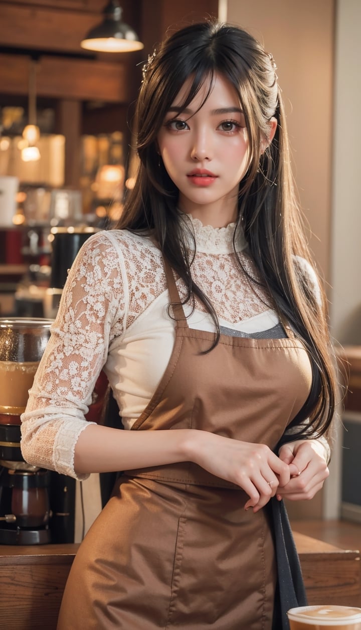 (masterpiece, top quality, best quality, official art, beautiful and aesthetic:1.2), hdr, high contrast, wideshot, 1girl, long black straight hair with bangs, clearly brown eyes, longfade eyebrow, soft make up, ombre lips, large breast, hourglass body, finger detailed, BREAK wearing barista suit, (coffee shop theme:1.5), light smile, coffee shop background detailed, by KZY, BREAK frosty, ambient lighting, extreme detailed, cinematic shot, realistic ilustration, (soothing tones:1.3), (hyperdetailed:1.2)