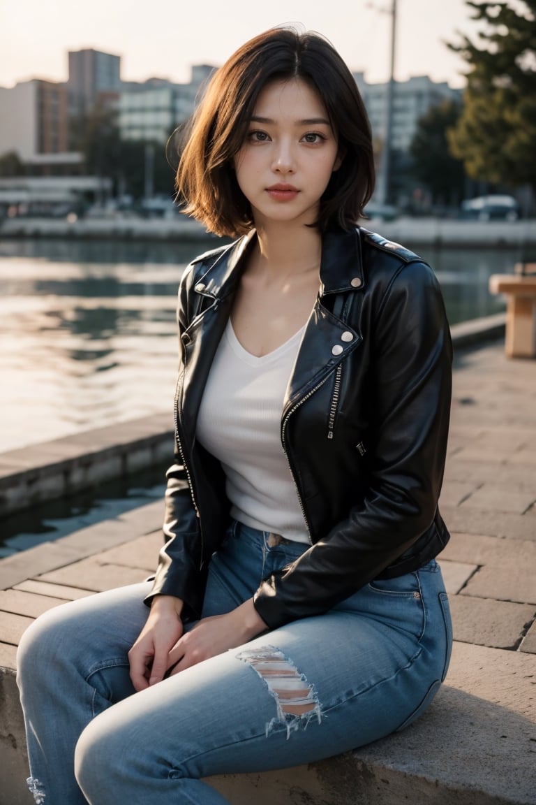  masterpieces,best quality,(ultra_detailed),3D,(realistic:1.9),(photorealistic:1.9),shallow depth of field,semi-backlit,lens flare,sensual girl,shot from the side,wide-angle,(at pier),(at dusk),(sitting on DUCATI),plump,wavy short hair,built bangs,drooping eyes,wide-set eyes,lovely round eyes,looking away,round face,(leather jacket),(ripped jeans),soft wind blowing