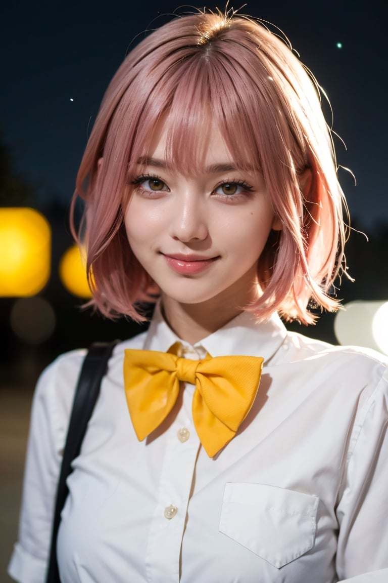 masterpiece, best quality, short hair, pink hair, close-up, yellow eyes, smile, small breasts, bowtie, white shirt, night, bokeh, outdoors,