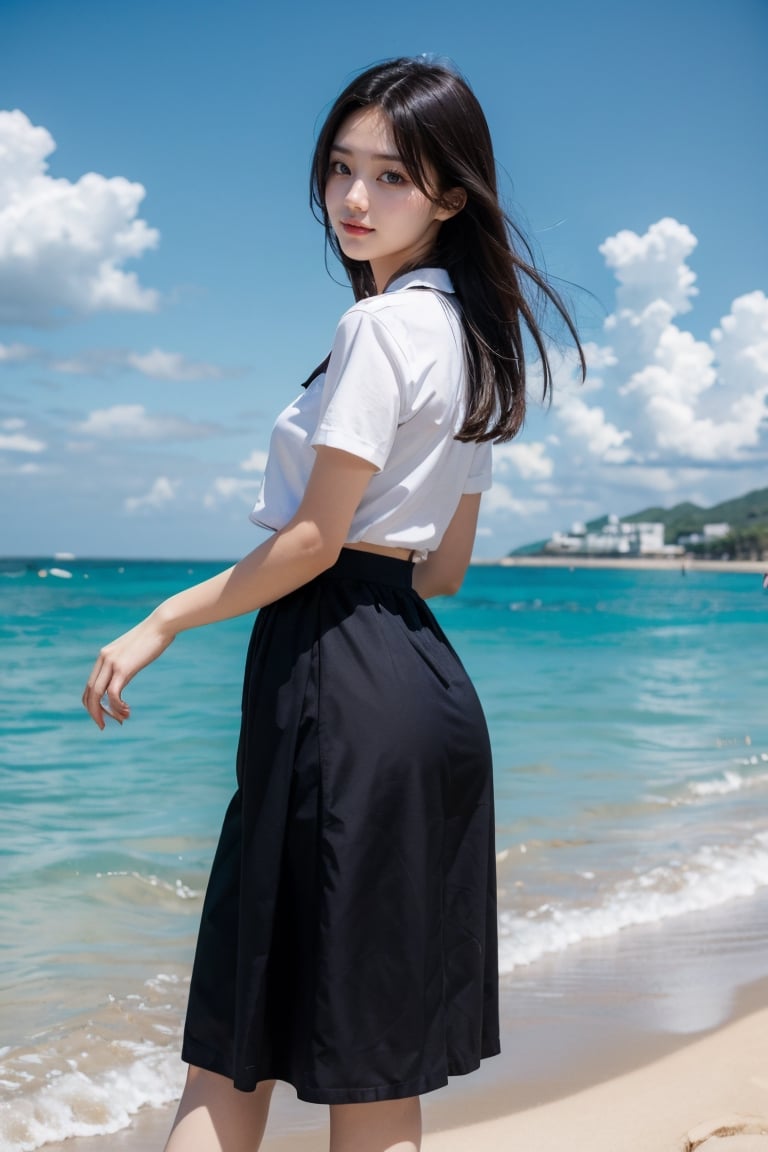 schoolgirls, Long skirt, sandbeach, spray, blue-sky, baiyun.