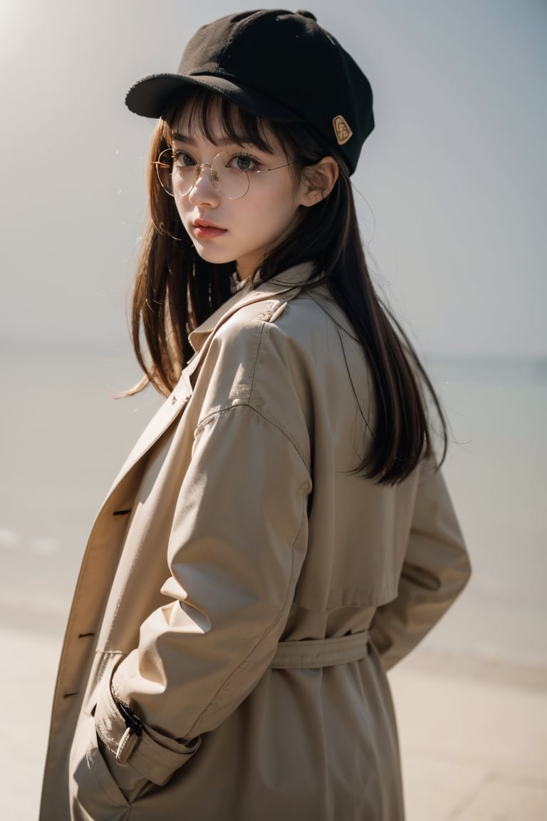  art style,1girl, detective hat, round eyewear, {{adjusting hat,one hand in pocket,}}, trench coat, brown coat, long hair,black hair,brown eyes, expressionless, half closed mouth, from behind, from above, looking at viewer, simple background, best quality, amazing quality, very aesthetic, absurdres, backlight