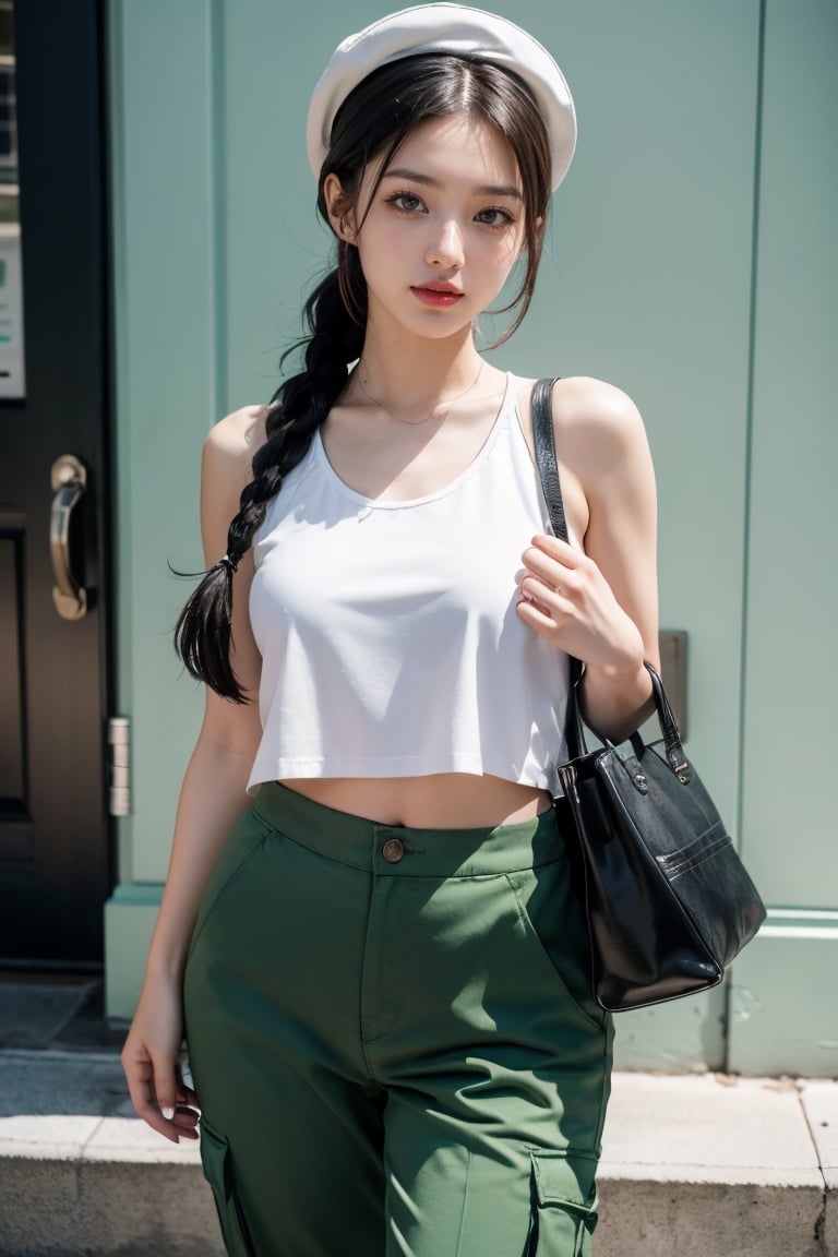  A stylish young woman in trendy street fashion, standing casually on a staircase. She wears a white tank top paired with glossy green cargo pants that have deliberate rips, complementing her fashionable military cap. She carries a bright green tote bag with the word 'Good' on it, which adds a pop of color against the vibrant blue wall with green shutters in the background. The scene is illuminated by bright, natural sunlight, casting soft shadows and giving the image a fresh, energetic vibe. Her hair is styled in long, sleek braids, and her makeup is immaculate with bold red lipstick, best quality, ultra highres, original, extremely detailed, perfect lighting , 1girl