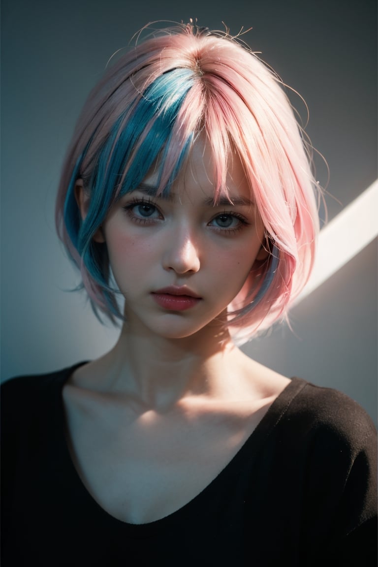  depressed, portrait of 1girl by Bill Henson, depressed, ruins, shadows, dramatic lighting, sunset, contemporary, dark, expressionism, dystopia, industrial,Half bodysliver gradient Short hair,(sliver hair:1.1),(light blue hair:1.1),(pink hair:1.2)