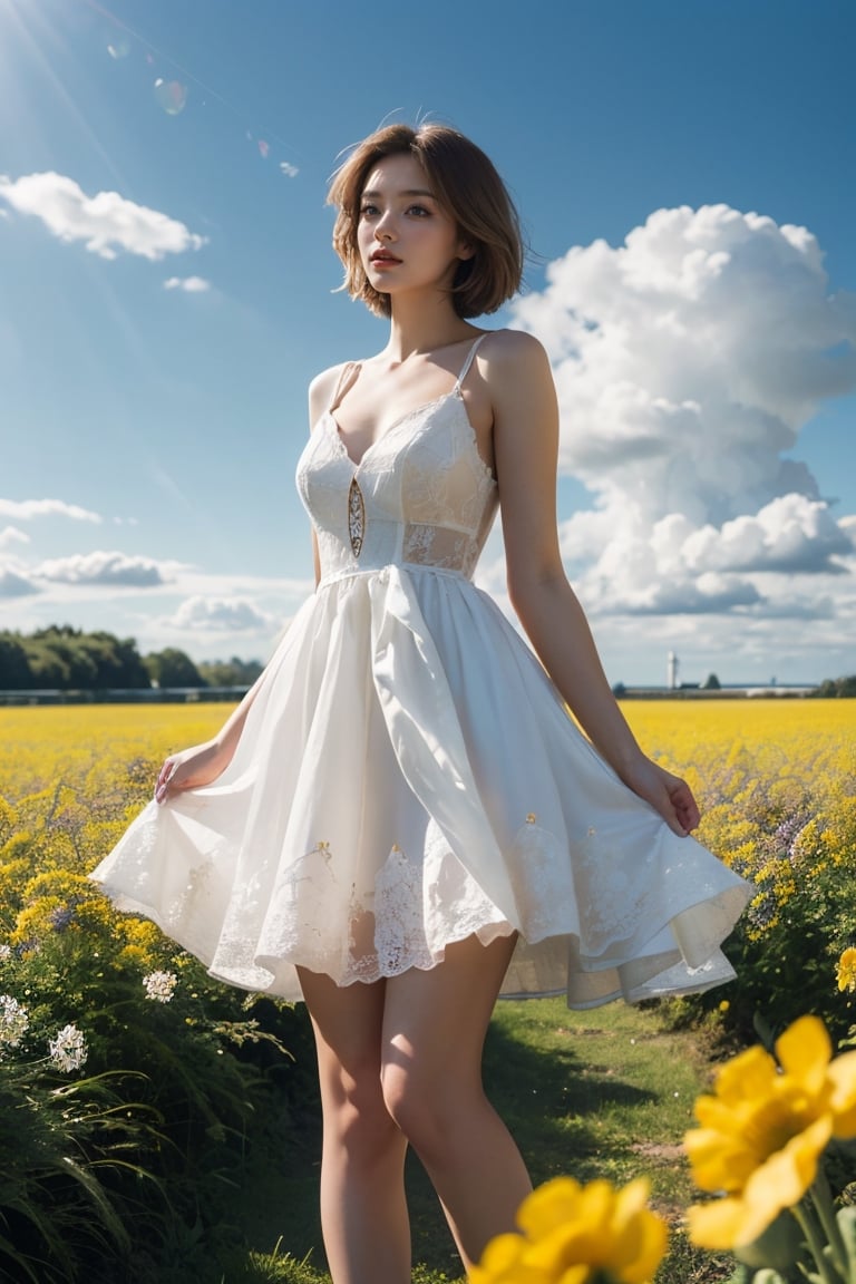  An elegant woman in a peacock-feather dress, short blonde hair, standing in a field of flowering rape flowers against a backdrop of blue skies and white clouds, her hair and the corners of her dress fluttering slightly in the breeze, in high-definition, famous artist, Master Light&#039;s art painting