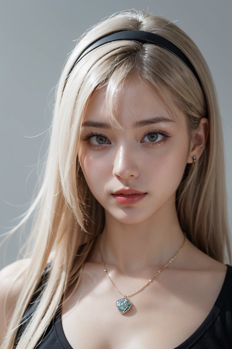 1girl,solo,long hair,necklace,white hair,hairband,looking at viewer,jewelry,realistic,upper body,lips,grey background,bangs,simple background,blonde hair,brown eyes,(closed mouth:1.1),red lips,