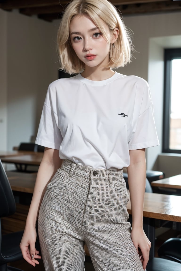 masterpiece, best quality, 1girl, short hair, platinum blonde hair, shirt, trousers