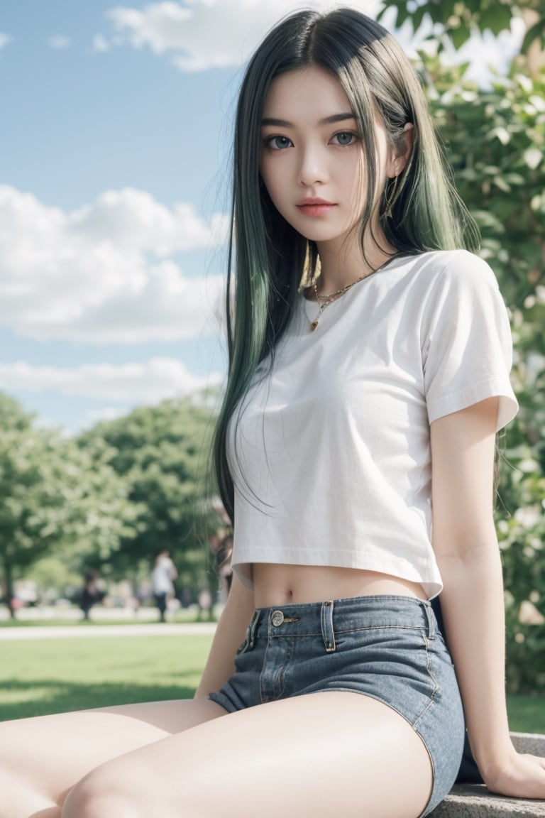 1girl, long hair, Dark green hair color, red eyes, jitome, flat chest, sitting, on park, day, blue Sky, clouds, black shorts, White shirt, long legwears, camera