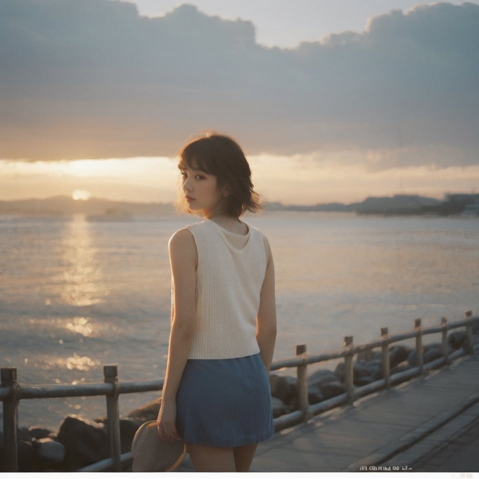 1girl, solo, japan beauty, full body, attracive body shape, long legs, 90s Y2K blue short skirt, sleeveless white vest, grey socks, white sport shoes, classic art headphone, mid length layered cut with straight bangs honey brown hair, stylish makeup, fashion hairstyle, short hairstyles, dreamgirl, back to view, glows in the golden light of the setting sun, sunset background by the sea, very detailed, Lomography, faded film, Highly detailed, photo realistic, high contrast, cinematic lighting, exquisite detail, hyper detailed, ultra realistic, colored 66mm film analog photography, Angelical Heavenly