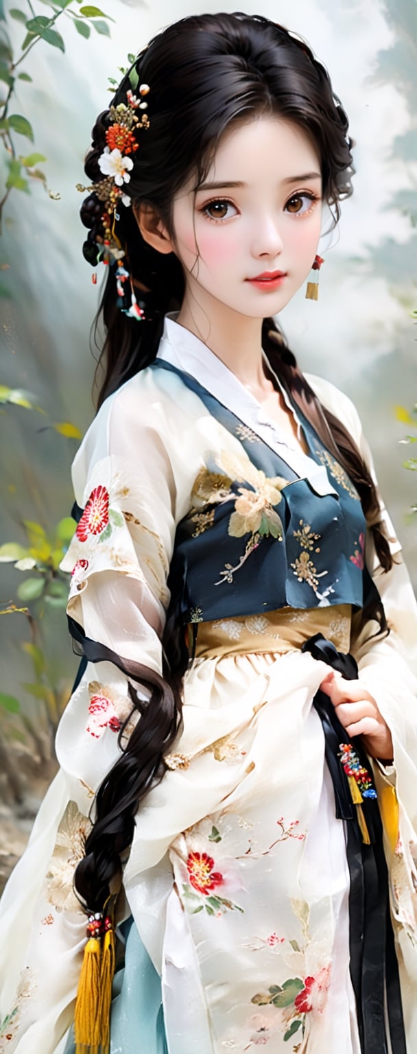 (((masterpiece))), top quality, (beautiful and delicate girl), beautiful and delicate light, (beautiful and delicate eyes), pale skin, sad_face, (brown eyes), (dark black long hair), dreamy, vintage art, Medium chest, female 1, (front shot), soft expression, tall, oil painting, proud and elegant, hair up, hanbok, full body shot,