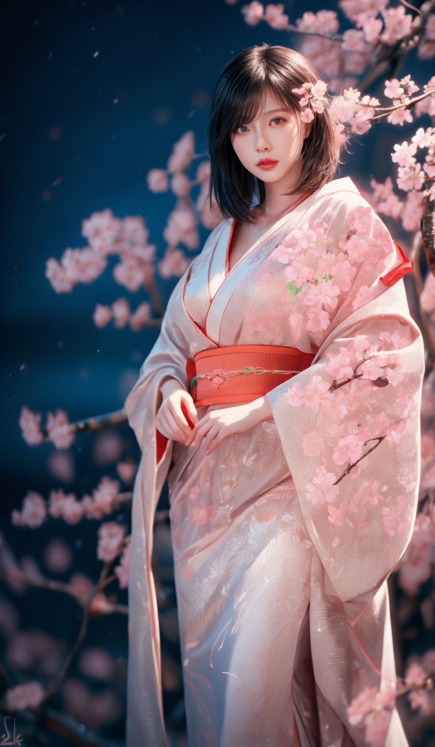 best quality, masterpiece, beautiful and aesthetic, vibrant color, Exquisite details and textures,  Warm tone, ultra realistic illustration,	(sweet asian lady, 27 year old:1.5), (Cherry blossom theme:1.4),	(night theme:1.4),	shining eyes, big eyes,	(an angry look:1.1), Japanese kimono, cinematic lighting, ambient lighting, sidelighting, cinematic shot,	siena natural ratio,  perfect body, Japanese slipper, anime style, 	Full length view,	black long bob cut,	white wedding dress,	ultra hd, realistic, vivid colors, highly detailed, UHD drawing, perfect composition, beautiful detailed intricate insanely detailed octane render trending on artstation, 8k artistic photography, photorealistic concept art, soft natural volumetric cinematic perfect light. ,1 girl