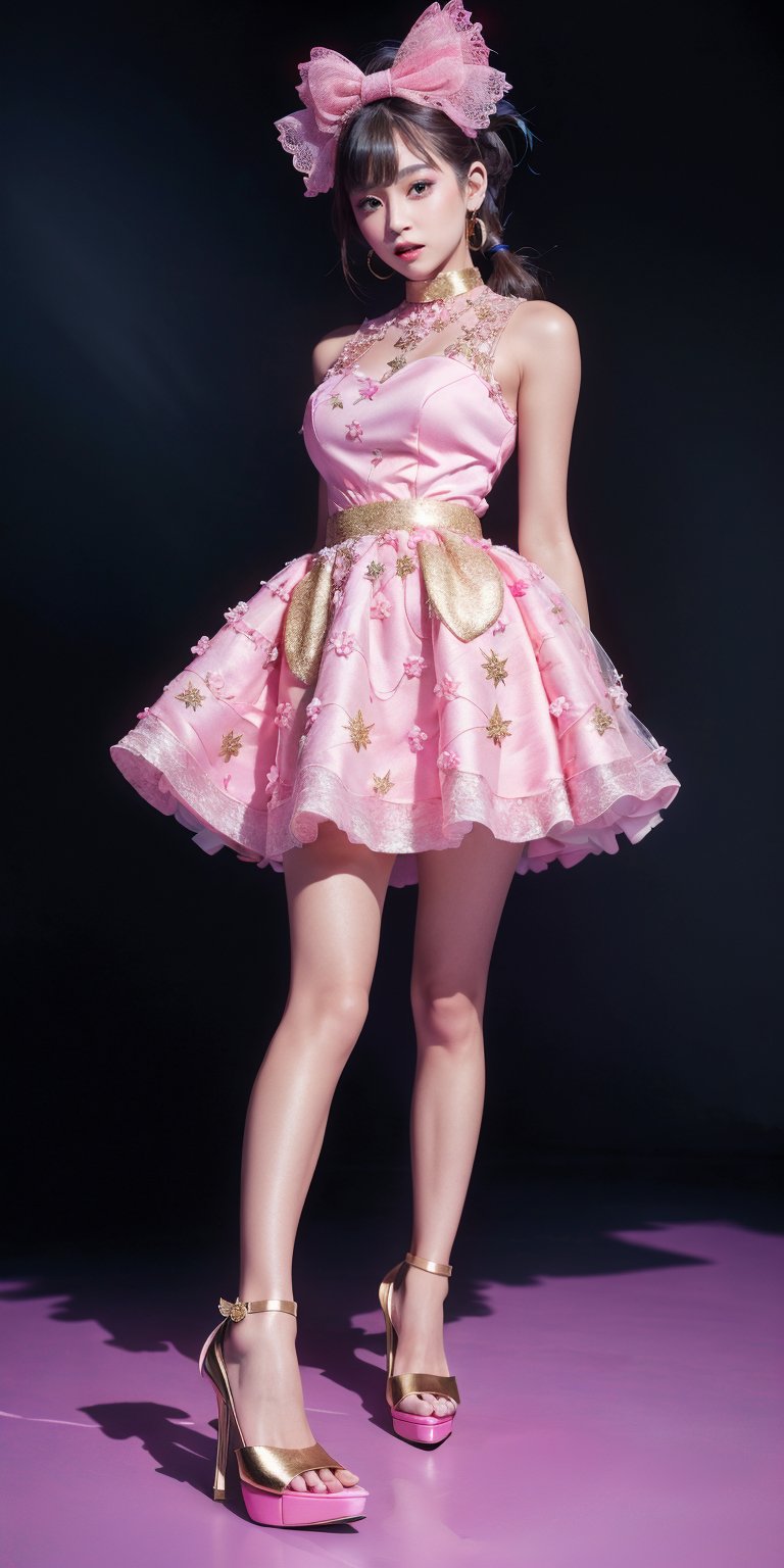 ((full body shot, high heels)),(masterpiece,  best quality,  highres:1.3),  ultra resolution image,  (1girl),  (solo),  black hair,  very_large_hair,  light_purple_eyes, magazine style,pigtails in her hair with pink bows, a big rose in her hand, a luxurious white dress with gold, a pink choker with white lace, sitting on a giant pink diamond, black background,fluffy dress, whole body, full body shot, high heels