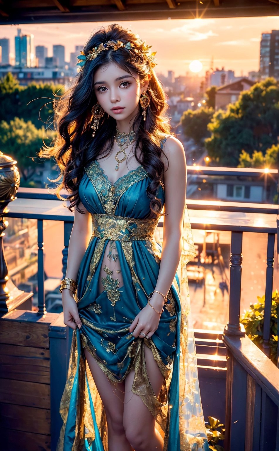 A girl with long, wavy brown hair, adorned with golden earrings and a matching necklace. She has ears with beautiful earrings and is gazing into the distance. ((She's wearing a blue lace corseted dress. The dress has a sheer, flowing overlay.)), She stands on a balcony or terrace, surrounded by lush greenery and pink flowers. ((The backdrop reveals a cityscape during sunset, with the golden hues of the setting sun casting a warm glow over the scene.)), photo,D@ri919,midjourney,d@ri919