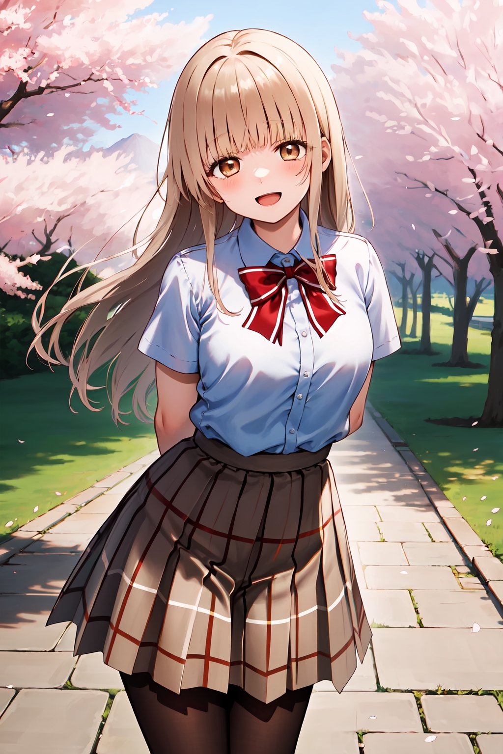 masterpiece, best quality, highres, aamahiru, long hair, red bowtie, white shirt, short sleeves, plaid skirt, brown skirt, pantyhose, , standing, cowboy shot, leaning forward, arms behind back, outdoors, cherry blossoms, smile, open mouth.