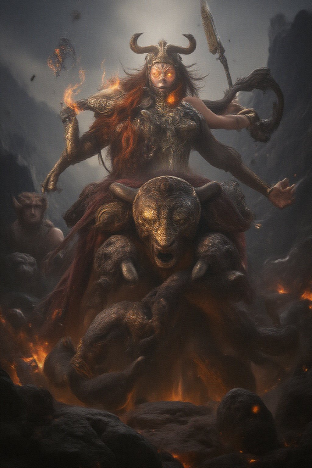 (A ferocious one, epic battles),(A high resolution, Vibrant colors),(Detailed expressions, Intense action),(fantasy, mythological creatures),(Minotaur vs Greek Goddess),(Equipped with powerful weapons),(Striking pose, Dynamic movements),(Holy lighting, Dramatic shadows),(The goddess's fiery hair),(God's glowing eyes),(Multiple heads on monsters),(Enigmatic Atmosphere),(Sparkling armor, Engraved with symbols),(magic incantation),(Debris floating in the air),(Mountainous landscape in the background),(Mythological symbols and runes),(Powerful energy waves),(Heroic determination).