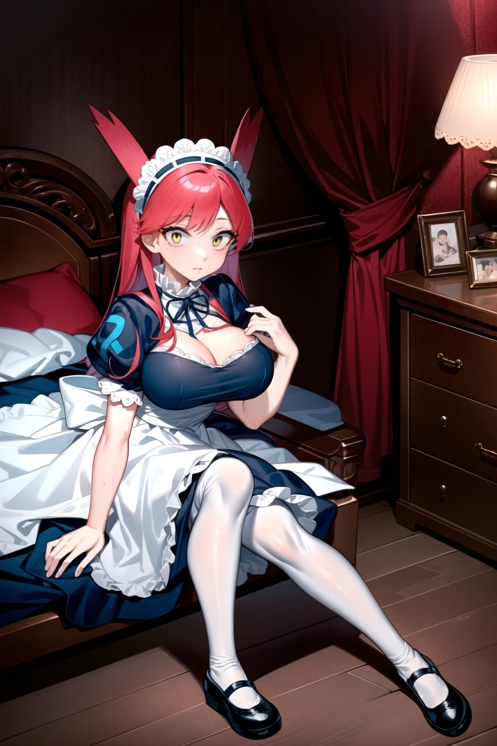 (masterpiece), latias, 1girl, solo, long hair, red hair, yellow eyes, big breasts, looking at viewer, panic, close mouth, indoor, puffy sleeves, apron, maid, maid headdress, white stockings, shoes, mary janes, laying down on bed, G cup breast, constricted pupils,